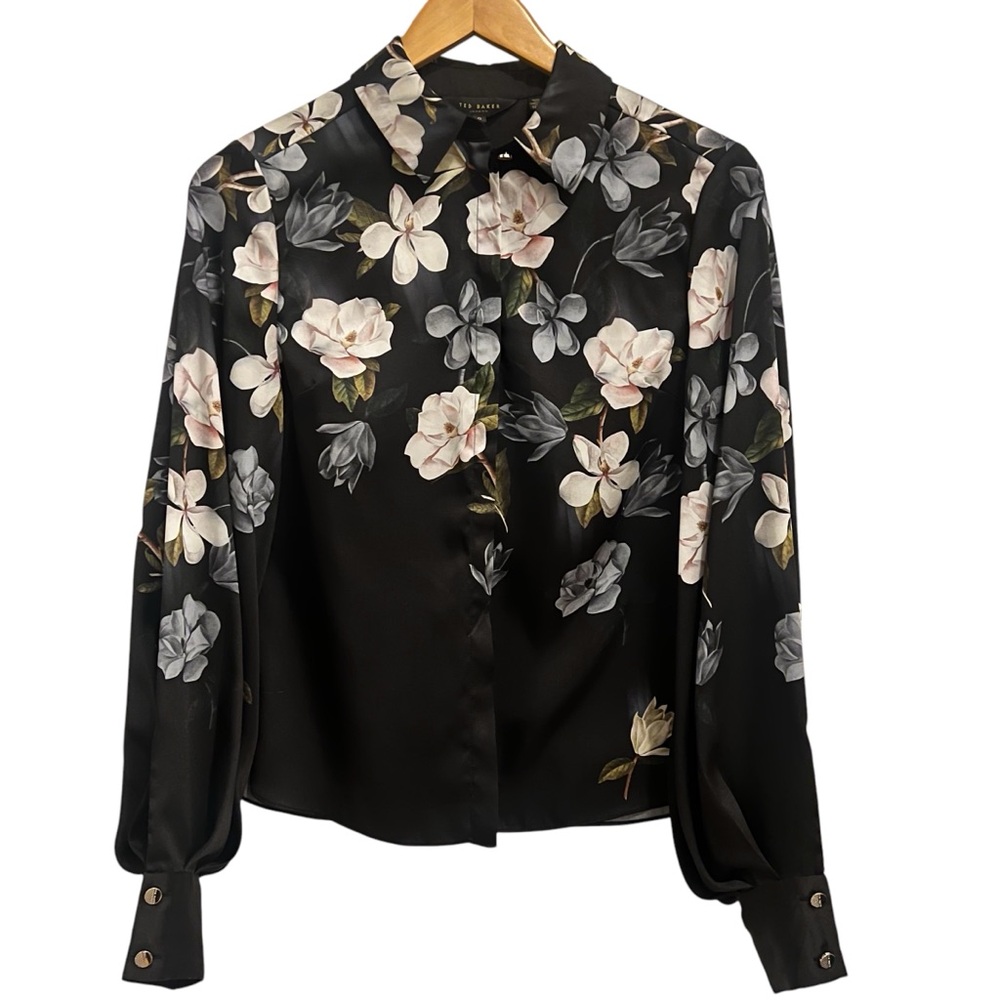 Ted Baker London Gray Pink Green Brown Black Floral Blouse Gold Accent Size 0
